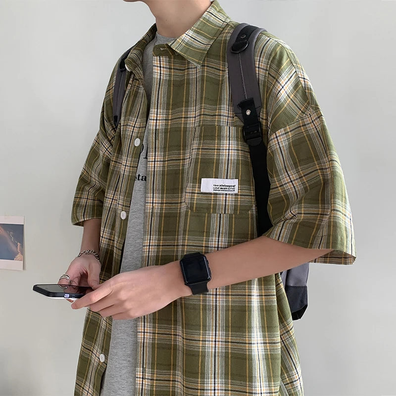 Korean Y2k Streetwear Plaid Shirt Men Shirts 2025 New Summer Fashion Chemise Homme Men's Checkered Shirts Short Sleeve Men Blouse