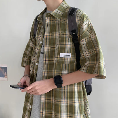 Korean Y2k Streetwear Plaid Shirt Men Shirts 2025 New Summer Fashion Chemise Homme Men's Checkered Shirts Short Sleeve Men Blouse