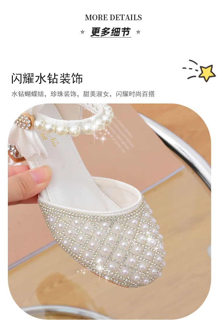 Rhine stones Princess Party Shoes Shiny Crystal Bow White Children High Heels Girls Sandals Summer Kids Student Performance Shoes