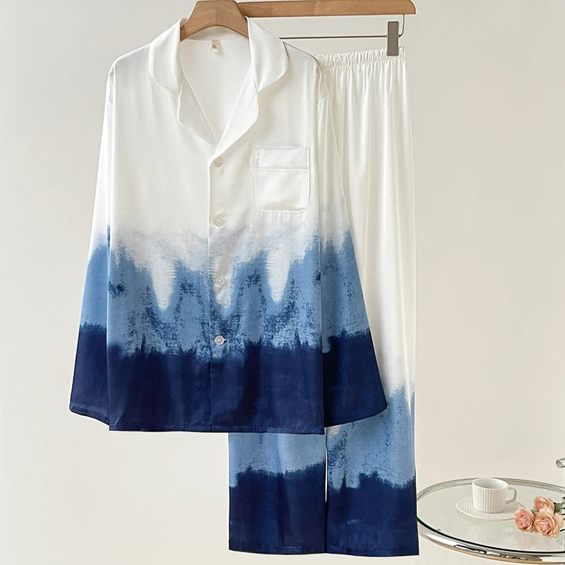 Fashion Print Flower 2PCS Pajamas Set Women Sleepwear Spring Summer Trouser Suits Lounge Wear Loose Satin Home wear Pajamas Suit