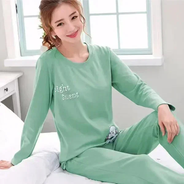 Cartoon Cotton Pajamas Women's Spring and Autumn Models Long-sleeved Home Service Women's Simple Loose Casual Suit Large Size