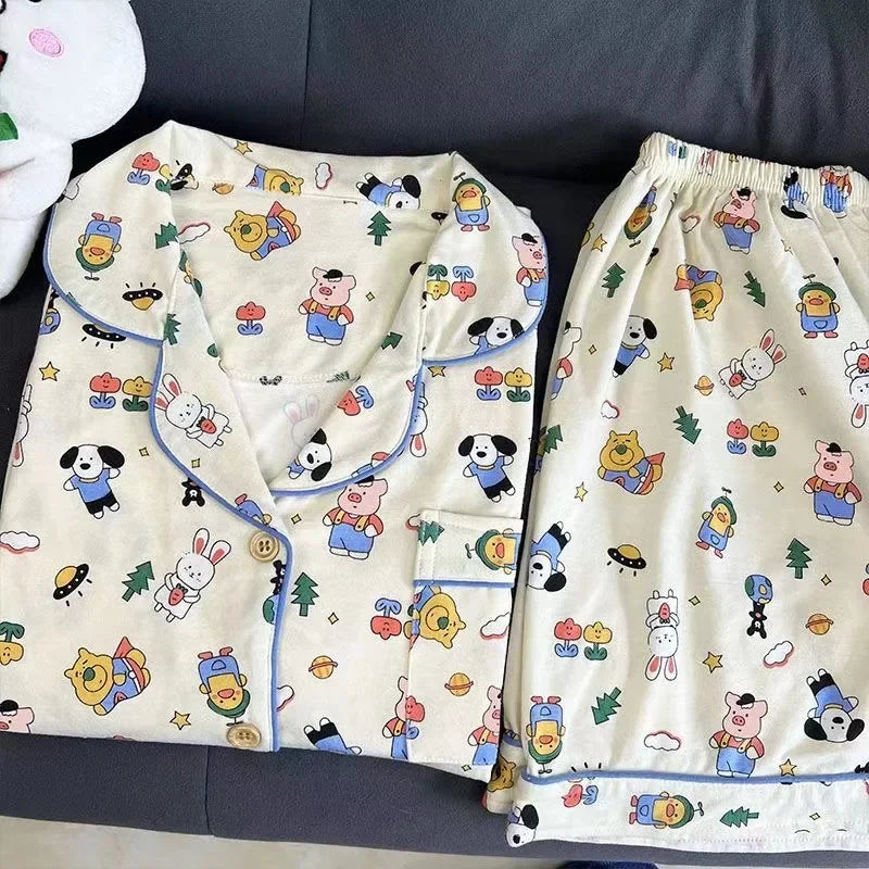Plus Size Ins Cartoon Pajamas Set Korean Student Summer Internet Celebrity Girl Short Sleeve Shorts Thin Loose Home wear