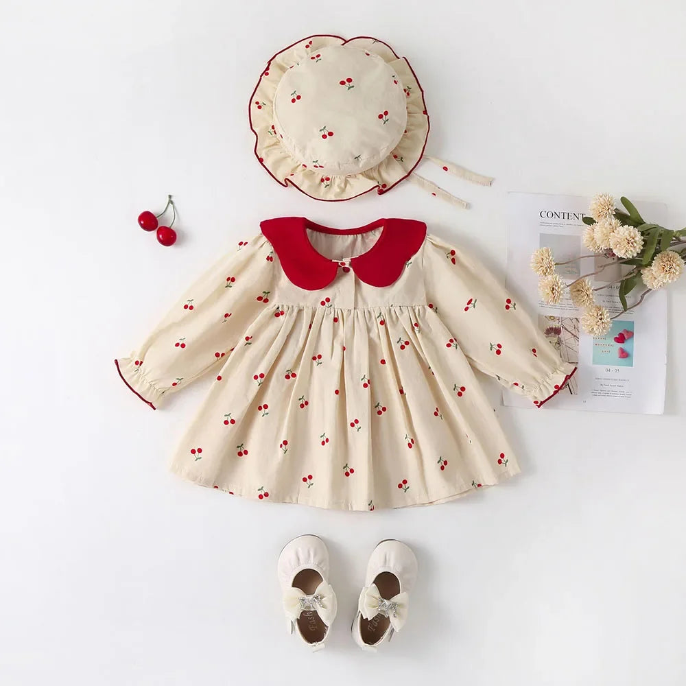 0-2Y Baby Girls Clothes Full Of Cherry Print Baby Dress Long Sleeve Cherry Dresses Ranched Dress with Hat