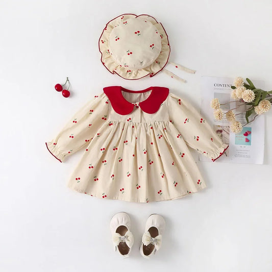 0-2Y Baby Girls Clothes Full Of Cherry Print Baby Dress Long Sleeve Cherry Dresses Ranched Dress with Hat