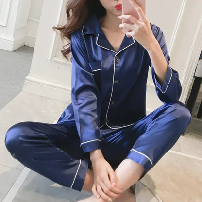 Women Satin Long Sleeve Pajama Set Lapel Top And Pants Solid Pajamas Loungewear 2025 New Arrival Drop-shipping