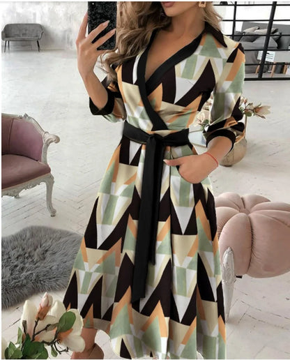 Office Women Casual Sashes A-Line Wrap Summer Dress 2025 Print Long Sleeve V-Neck Dress Pocket Elegant Midi Party Dress Vestidos