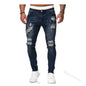 Biker Jeans Men's Distressed Stretch Ripped Biker Jeans Men Hip Hop Slim Fit Holes Punk Jeans Zipper Pure Color Denim Pants