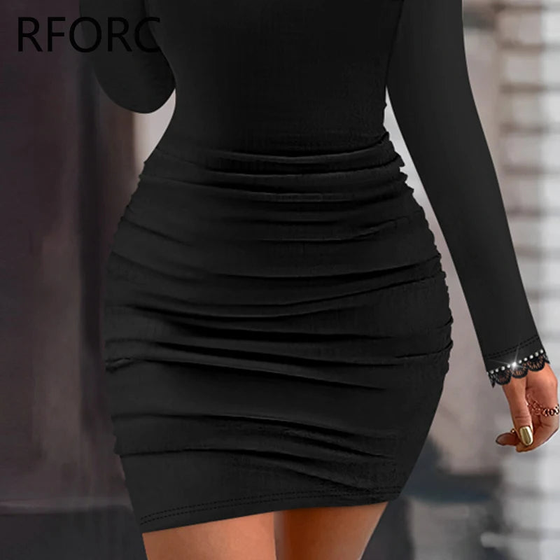 2025 Women Solid Long Puff Sleeves Rhinestone Decoration Folds Mini Bodycon Party Black Dress