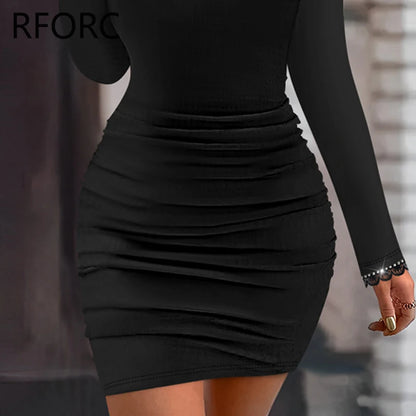 2025 Women Solid Long Puff Sleeves Rhinestone Decoration Folds Mini Bodycon Party Black Dress