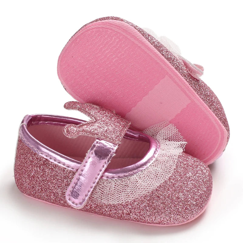 Cute 0-18M Spring Newborn Silver Baby Shoes Non Slip Cloth Bottom Girl Shoes Elegant Breathable Casual Baby First Walking Shoes