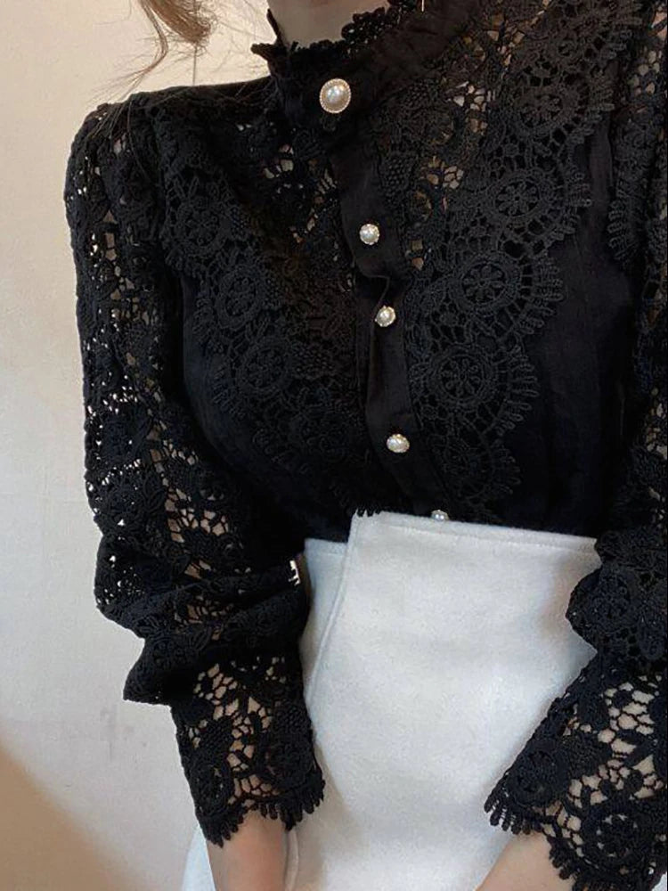 Women Chiffon Button Turtleneck Shirt Chic Elegant Floral Lace Fluffy Long Sleeve Top Fashion Hollow Oversize White Blouse 2025