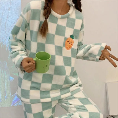 Autumn Winter Kawaii Cartoon Pajama Sets Women Pajamas Plaid Flannel Long Sleepwear Girl Pajama Night Suits Home wear PJ Suit