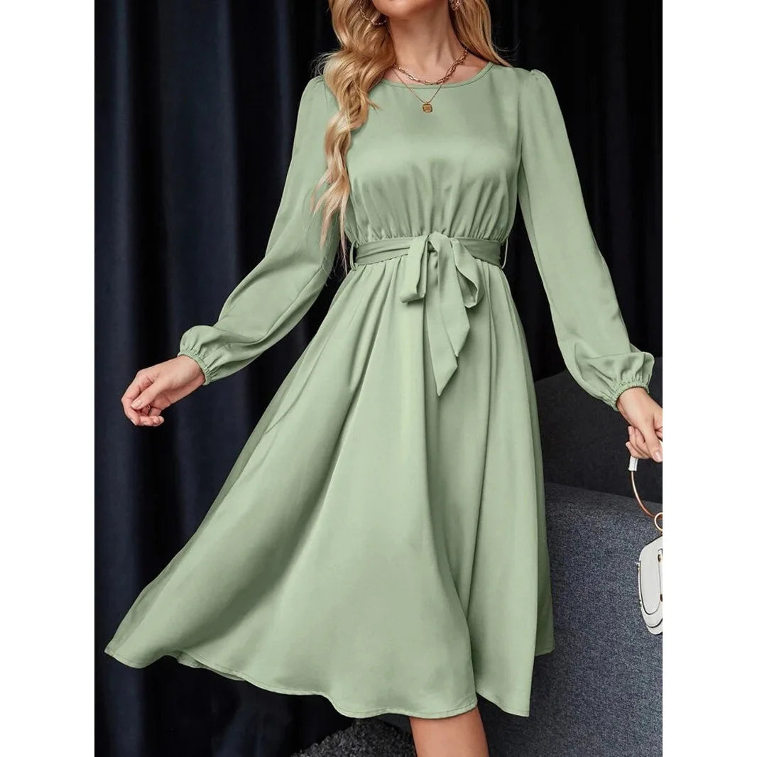 Summer Women's New Fashion Lantern Sleeves Keyhole Back Lace Up Waist Satin Round Neck Long Sleeve Medium Length Dress
