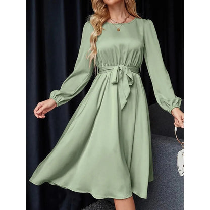 Summer Women's New Fashion Lantern Sleeves Keyhole Back Lace Up Waist Satin Round Neck Long Sleeve Medium Length Dress