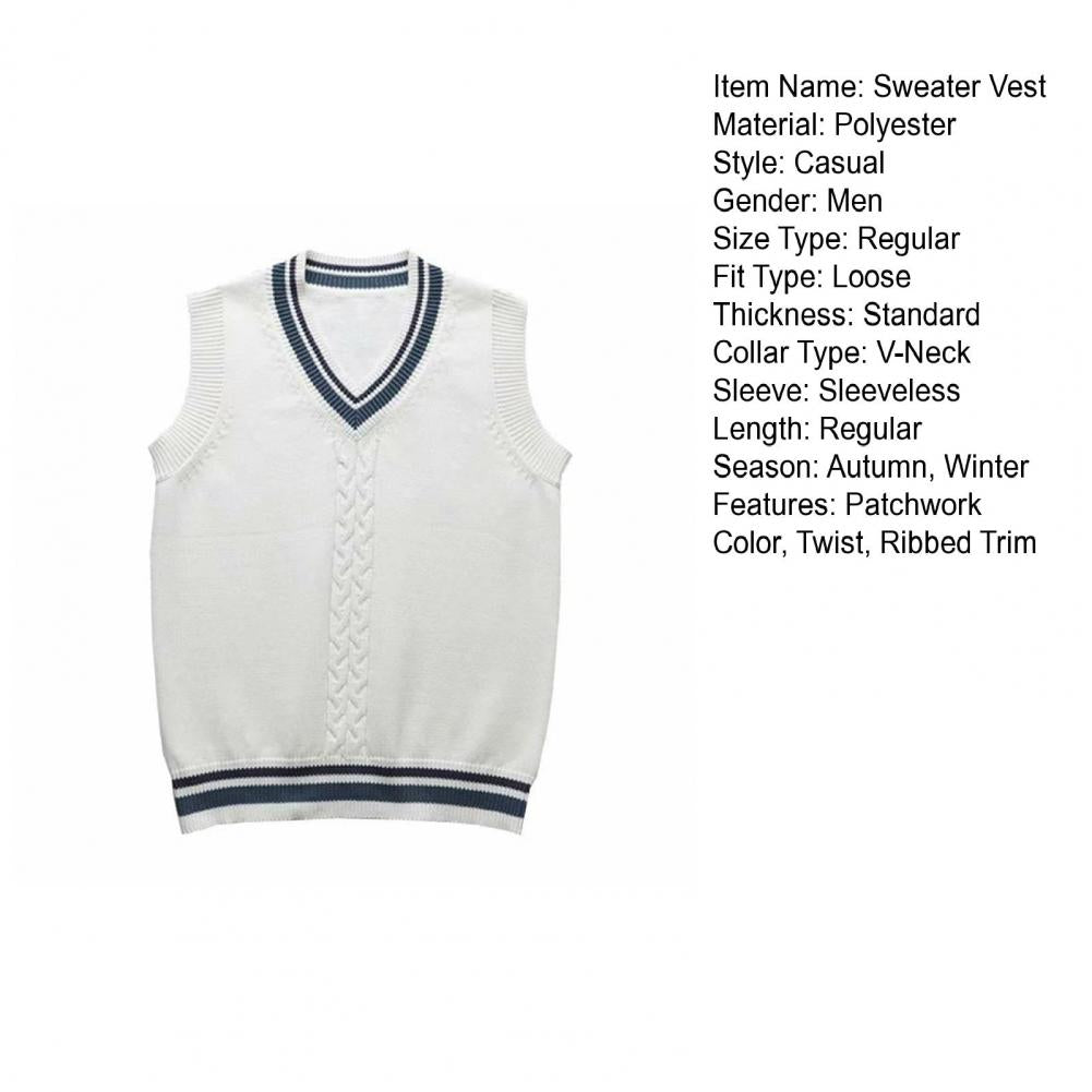 College Style Sleeveless V Neck Sweater Vest Autumn Winter Patchwork Color Twist Men Knitted Vest Daily Clothing