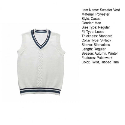 College Style Sleeveless V Neck Sweater Vest Autumn Winter Patchwork Color Twist Men Knitted Vest Daily Clothing