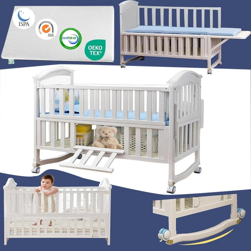 Mini Baby Crib 4 in 1 Convertible with Memory Foam Mattress(38"by 24") Included, Cunas para Babes 2024 Natural Wood Portable Crib