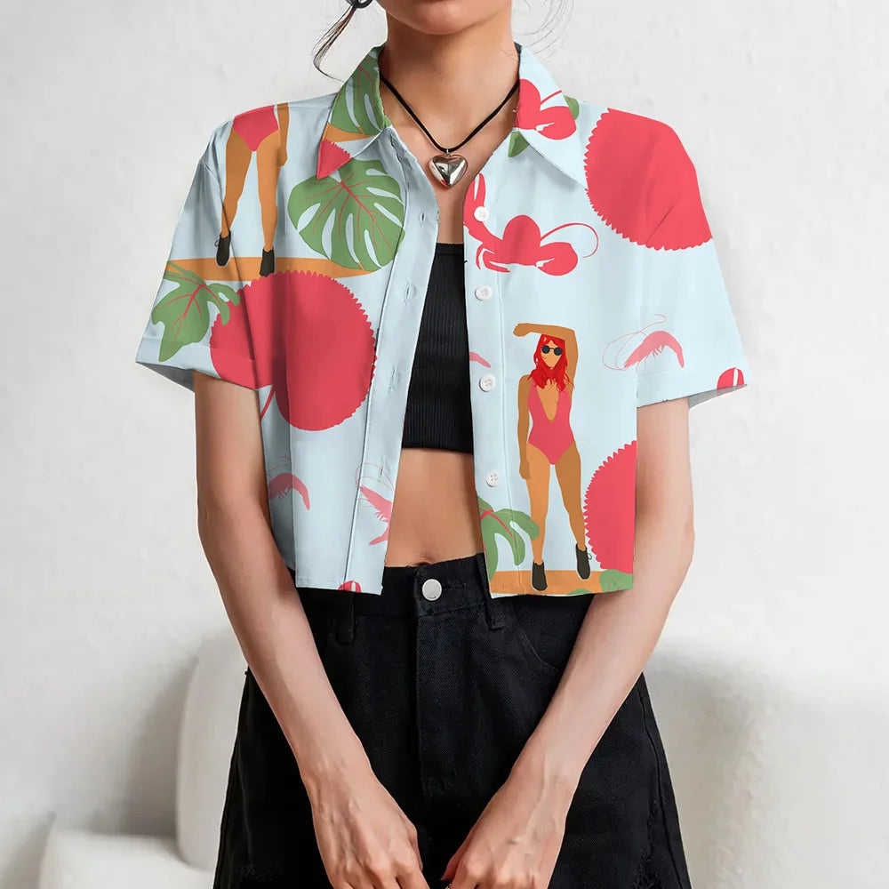 Women's Lapel Button Tank Tops Shirts Summer Casual Short Sleeve Shirts 3D Cherry Printed Women's Clothing Navel Exposed Shirts