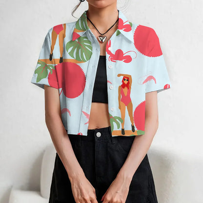 Women's Lapel Button Tank Tops Shirts Summer Casual Short Sleeve Shirts 3D Cherry Printed Women's Clothing Navel Exposed Shirts