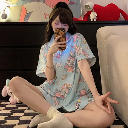 Plus Size Ins Cartoon Pajamas Set Korean Student Summer Internet Celebrity Girl Short Sleeve Shorts Thin Loose Home wear
