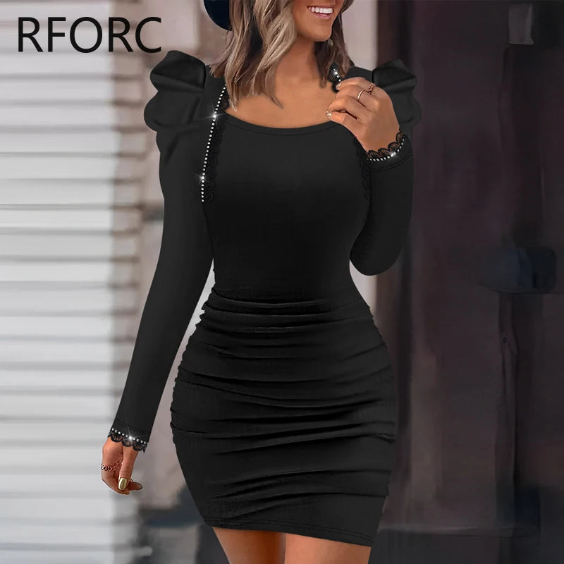 2025 Women Solid Long Puff Sleeves Rhinestone Decoration Folds Mini Bodycon Party Black Dress