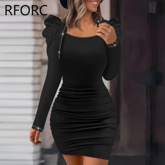 2025 Women Solid Long Puff Sleeves Rhinestone Decoration Folds Mini Bodycon Party Black Dress