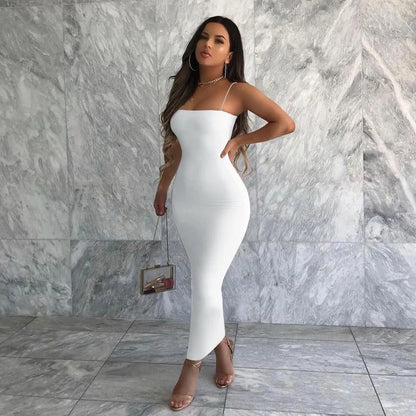 2025 Autumn Winter Women Solid White Black Strap Midi Dress Bodycon Sexy Streetwear Party Club Elegant Fashion Clothes