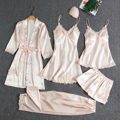 5PC Silk Robe Sleep Suit Women's Lace Satin Pajamas Gown Set V-Neck Cami Nighties Wear Pajama Home Nightwear Spring Nightdress
