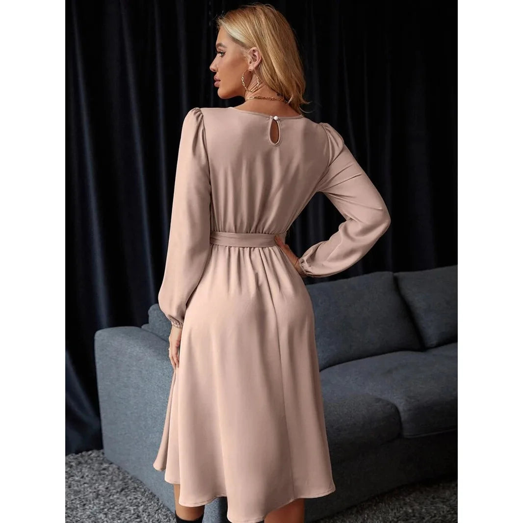 Summer Women's New Fashion Lantern Sleeves Keyhole Back Lace Up Waist Satin Round Neck Long Sleeve Medium Length Dress