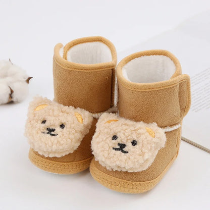 Winter Snow Baby Boots Cute Bear Warm Fluff Balls Indoor Soft Sole Infant Newborn Toddler Baby Shoes 0-18M