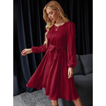 Summer Women's New Fashion Lantern Sleeves Keyhole Back Lace Up Waist Satin Round Neck Long Sleeve Medium Length Dress