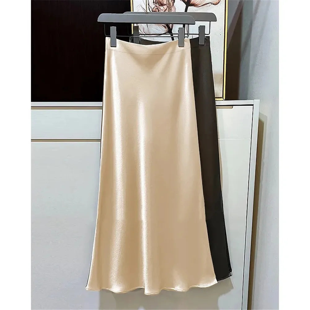 2025 Black Satin Skirt Women High Waist Elegant Long Skirts Street Fashion Summer Midi Skirt Office Slim Sexy Vintage Skirts