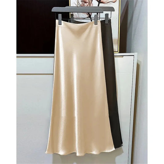 2025 Black Satin Skirt Women High Waist Elegant Long Skirts Street Fashion Summer Midi Skirt Office Slim Sexy Vintage Skirts