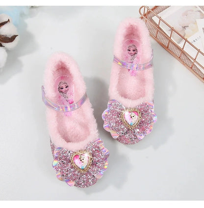 Disney Princess Kids Warm Winter Shoes for Girls Elsa Casual Glitter Children Flat Heel Girls Shoes Butterfly Knot Blue Pink