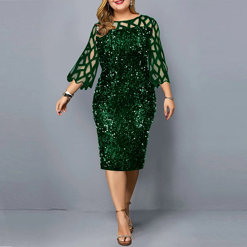 Elegant Sequin Plus Size 4XL 5XL Women Midi Dress Sexy Casual Evening Party Dress Gown Wedding Luxury Robe Rouge Vestidos