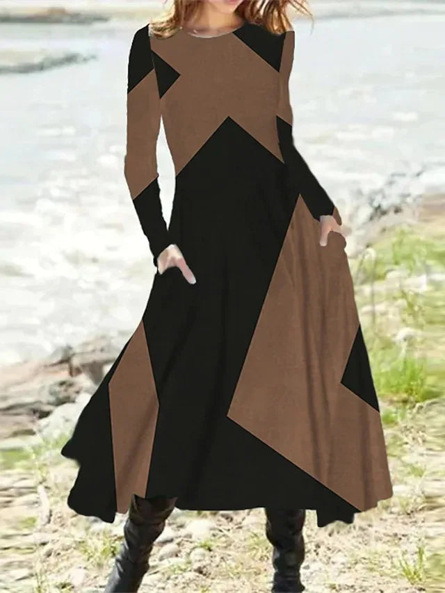 New 2025 Women's Casual Elegant Party Dress Contrast Color Ladies Spring Autumn Loose Long Sleeve Dress with Pockets Midi Dress