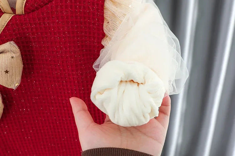 Toddler Baby Girls Dress Autumn  Winter Kids Red Christmas New Year Plush Warm Dress Infant Clothing Set Top+ skirt For 1-4 Years