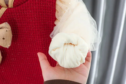 Toddler Baby Girls Dress Autumn  Winter Kids Red Christmas New Year Plush Warm Dress Infant Clothing Set Top+ skirt For 1-4 Years