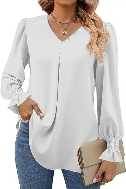 Women's New Solid Color Chiffon Shirt V-neck Pullover Flared Long Sleeved Top Shirt Office Lady Elegant Khaki Loose Blouse