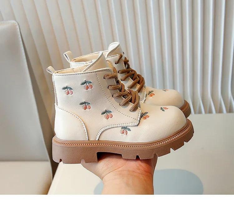 Girl's Ankle Boot Sweet Fashion Embroider Children Spring Autumn Leather Boots Causal Versatile Kid Princess Shorts Single Boots