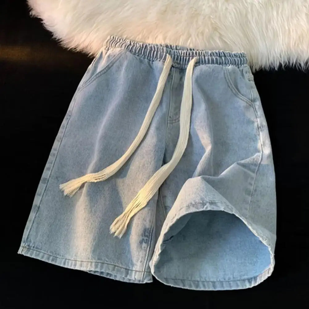 Men Wide-leg Denim Shorts Men's Quick-drying Denim Beach Shorts With Elastic Drawstring Waistband Pockets Summer Wide Leg Shorts