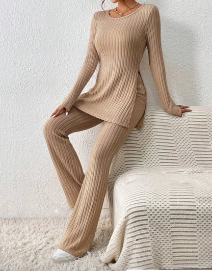 Autumn Winter Women's Clothing New Style Solid Color Sexy Casual Long Sleeved Round Neck Slit Fashion Temperament Two-piece Set