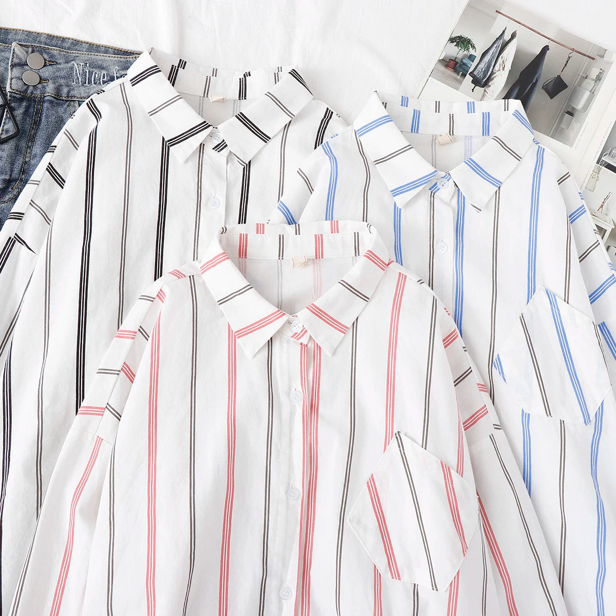 Loose Casual Striped Shirts Women 2025 New Ladies Sweet Simple Style Long Sleeve Print Shirt Female Blouse and Tops Lady Clothes