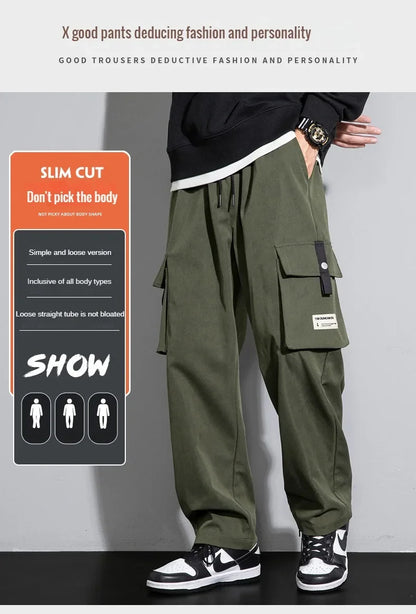 2025 Cargo Pants Men Straight Fit Wide Leg Fleece Lined Trouser Male Winter Fashion Loose Baggy Large Plus Size Warm Streetwear