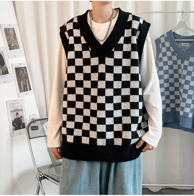 Men Knitted V Neck Japanese Vintage Loose Sleeveless Plaid Vests Chic Pullovers Chaleco Hombre Blue Checkerboard Sweater Vest