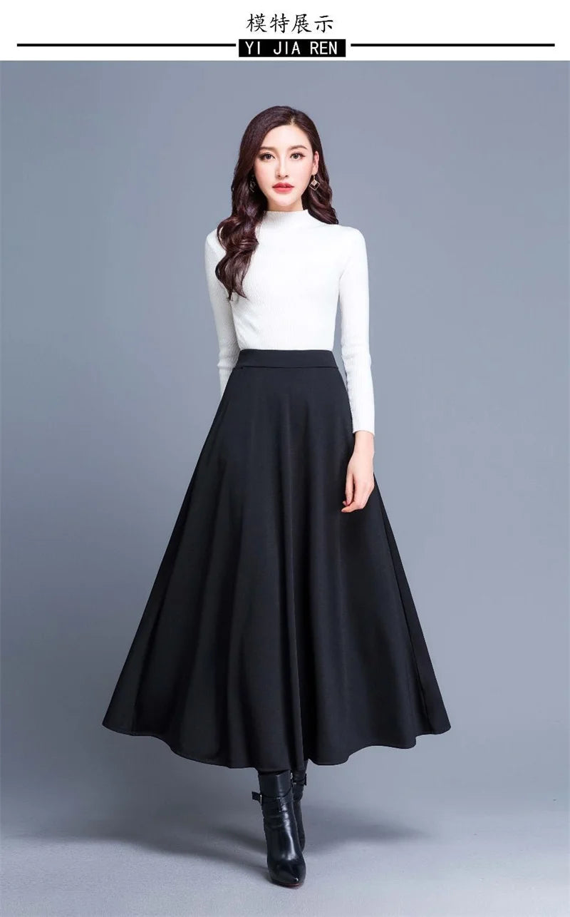 Spring Autumn Large Size A-Line Skirts Women Elastic High Waist Wine Red Black Long Skirt Female Casual Solid Color Maxi Skirts