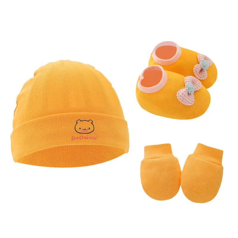 New Newborn Baby Cotton Beanies Hospital Hat Mittens Shoes Sets Solid Stretchy Infant Warm Cap Gloves 0-1 Years Old