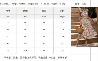 Elegant Floral Prints Dresses For Summer Women Dress 2025 New O-neck Short Flying Sleeves Lace Up High Waisted Midi Dress Woman