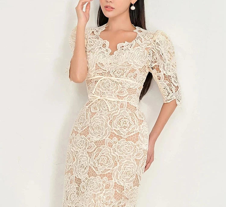 Queen Summer Dresses Korean Retro High Waist Vestidos Elegant Fashion Slim Midi Hollow Out Office Party Casual Lace Dress