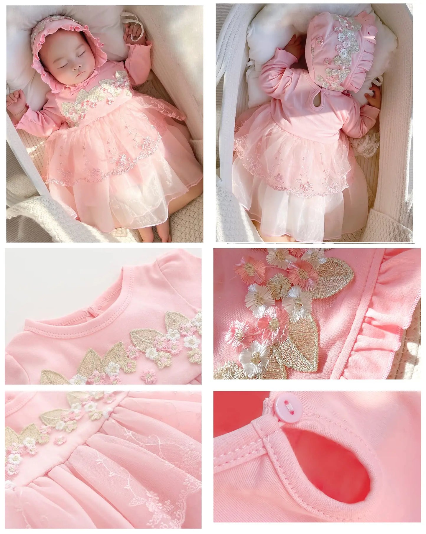 Newborn Baby Girl Dress Clothes 0 3 6 Months Princess Pink Dress White Baptism Outfit Party Dress Headband Socks Set Clothing